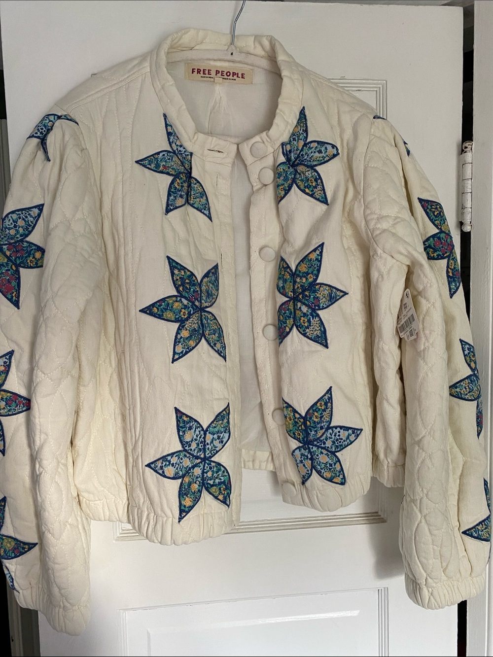 NWT Free People Cream Quilted Jacket with Blue Floral Star Appliqués size large